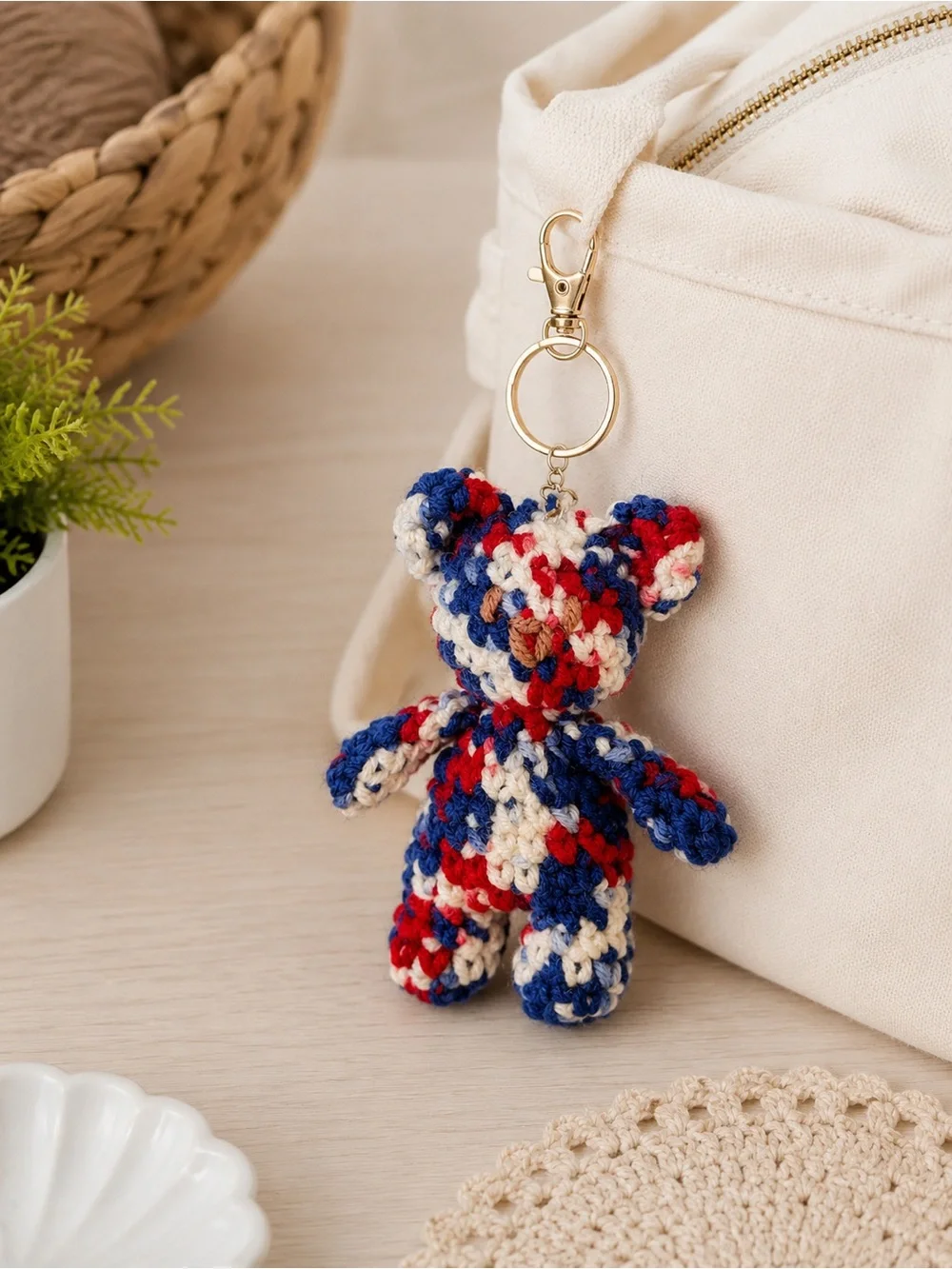 Handmade Crochet Teddy Keychain - Red, Blue & Cream